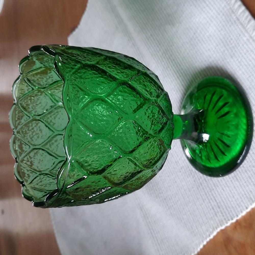 Vintage 1960s Harlequin Pattern Emerald Green Pressed Glass Pedestal Compote